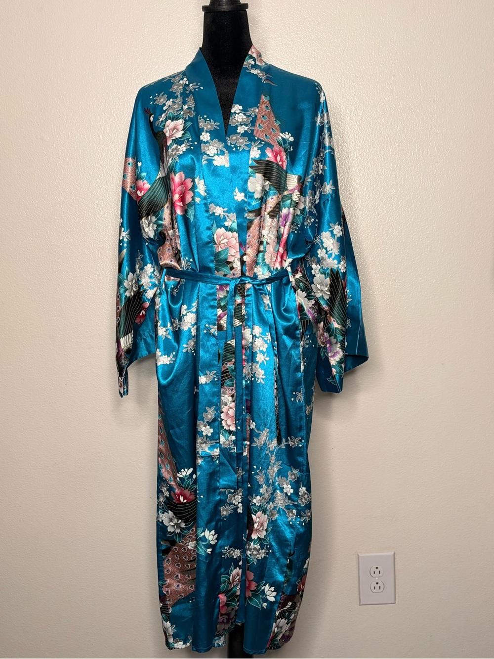 Satin  Teal Floral Kimono Robe - Women's Intimates M/L